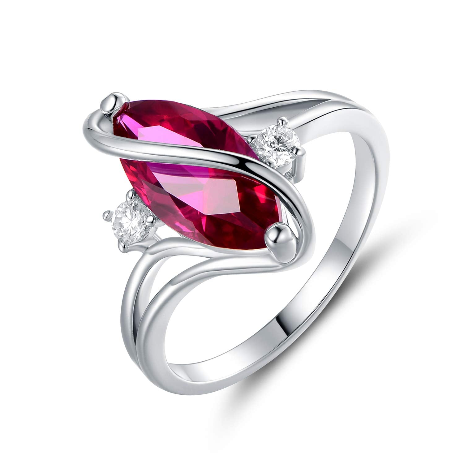 18K White Gold Plated Oval Ruby S Ring with Cubic Zirconia Accents