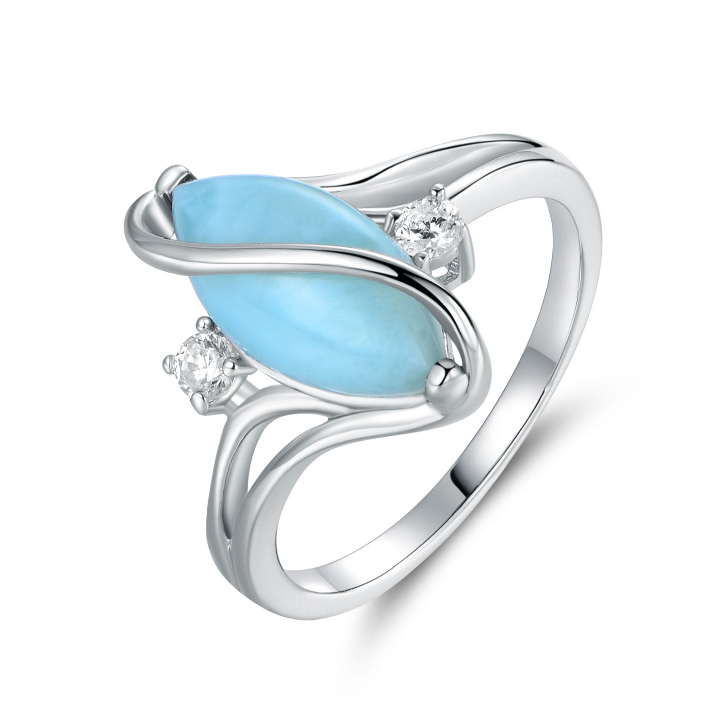 18K White Gold Plated Larimar Oval S Ring With Cubic Zirconia Accents