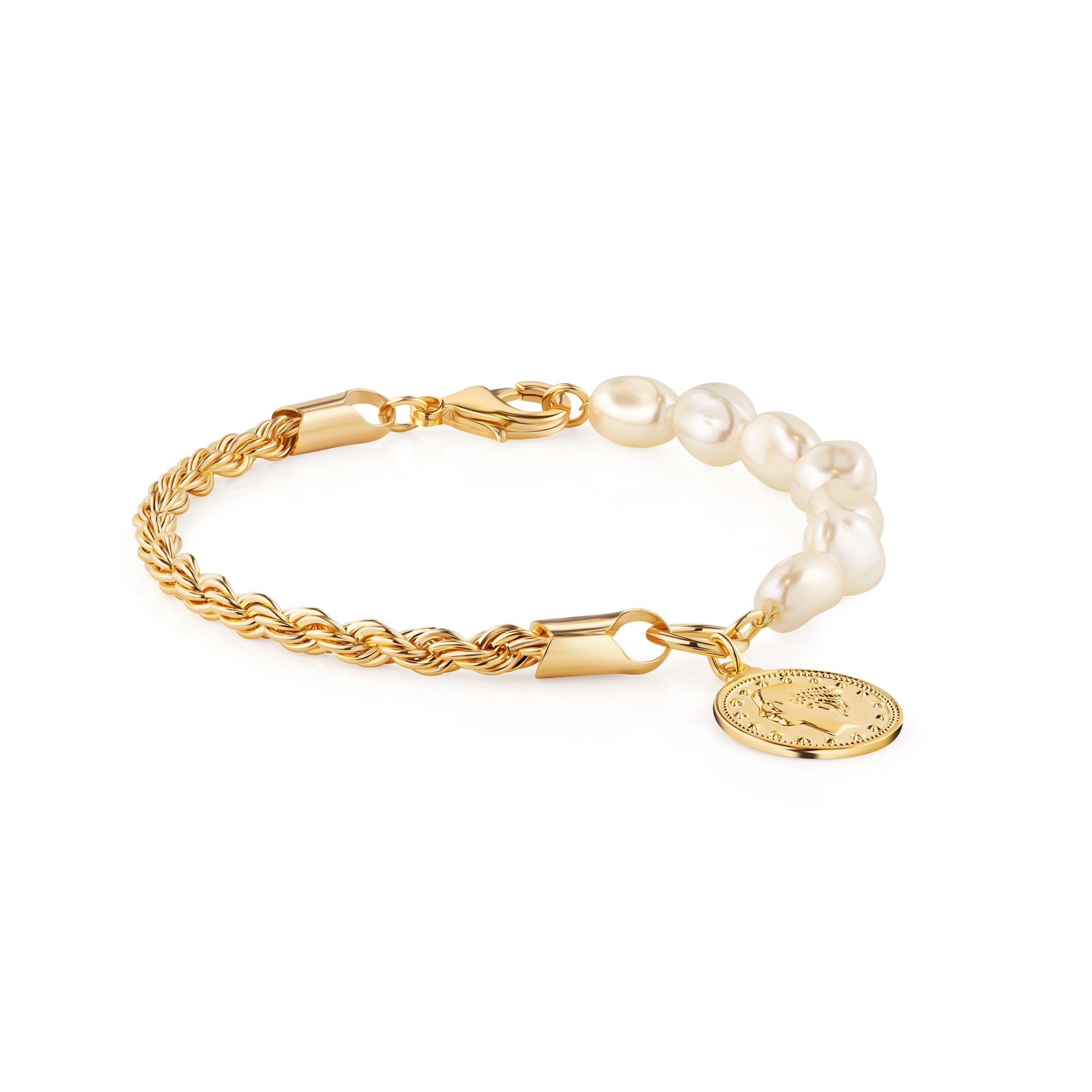 18K Gold Plated Rope & Pearl Bracelet with Coin Charm - 7.5 Inches