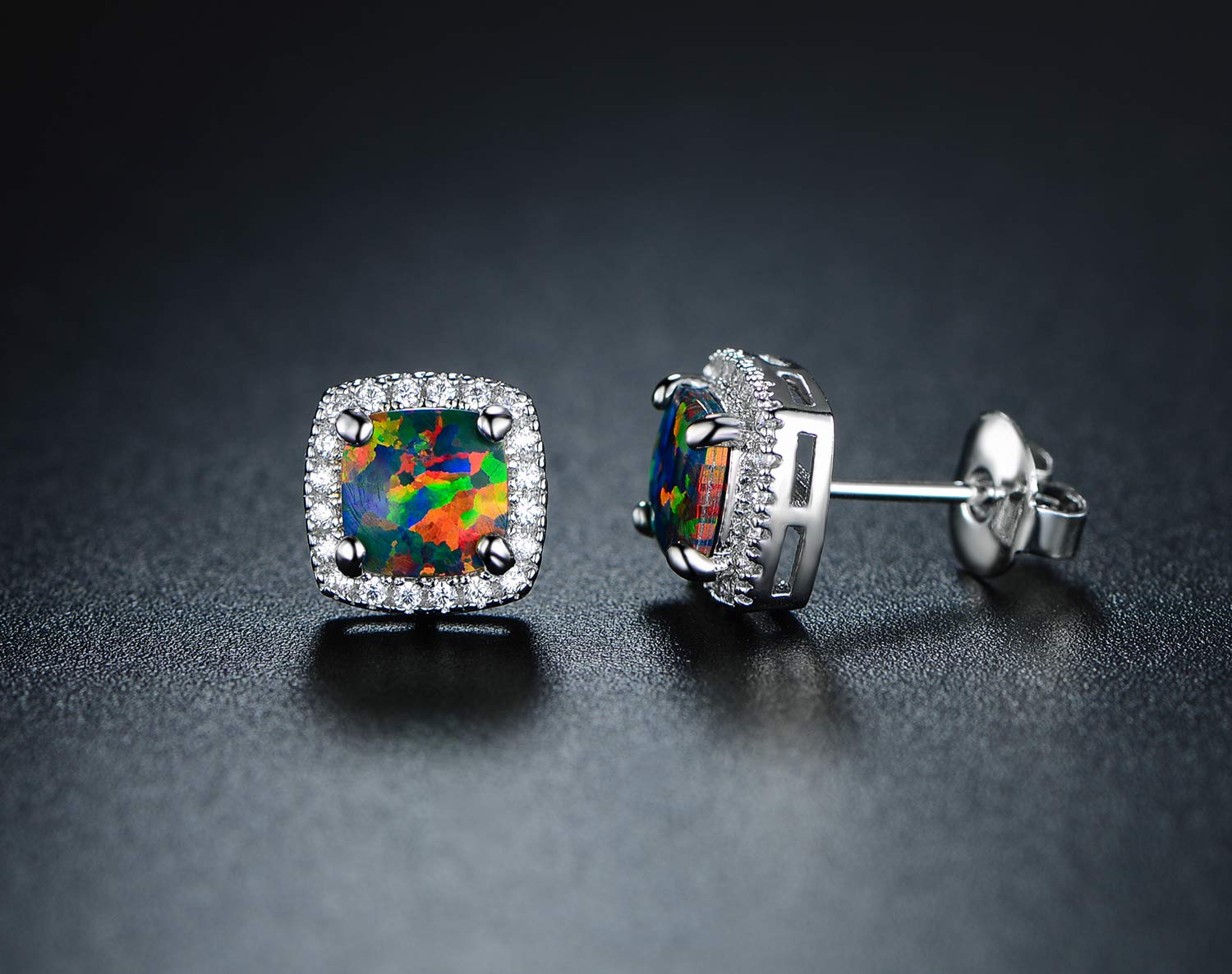 18K White Gold Plated Black Opal Stud Earrings