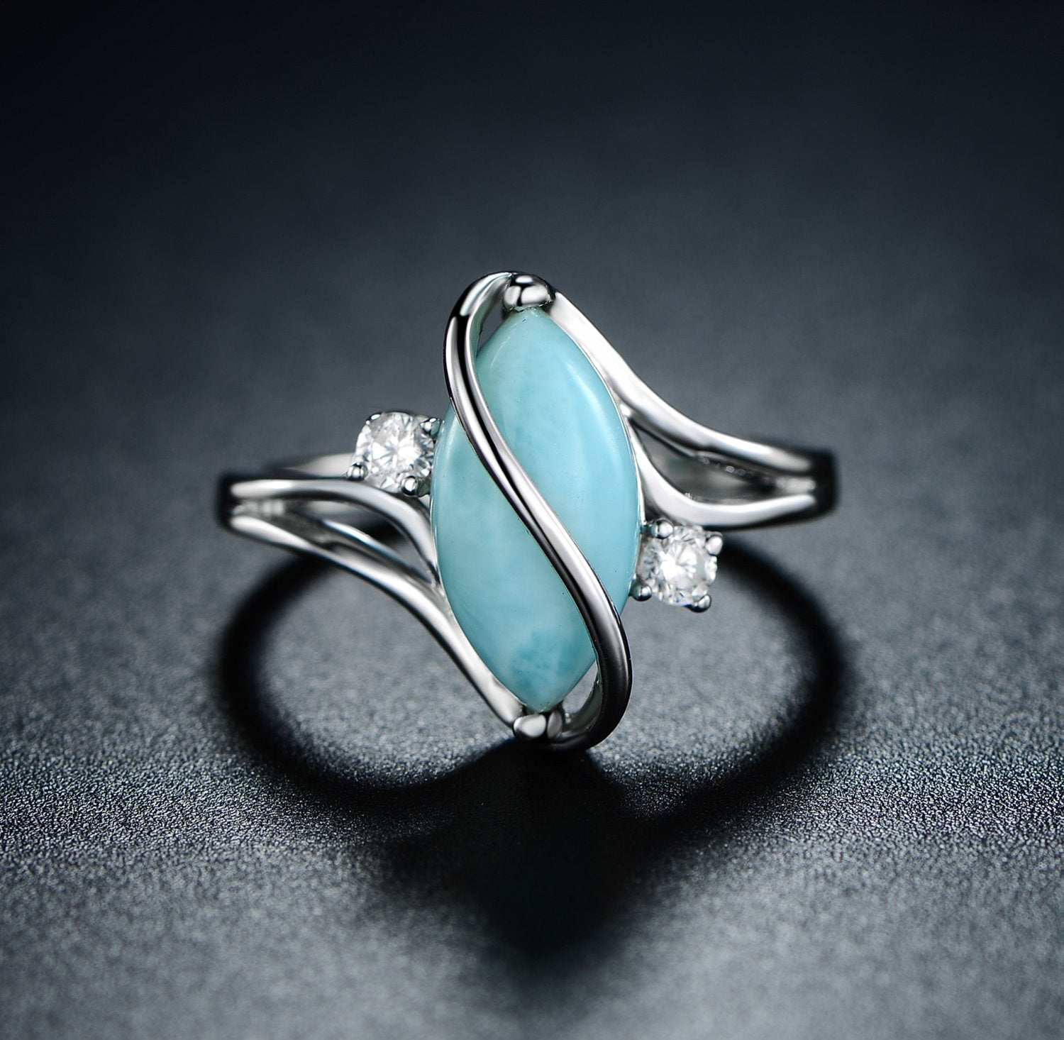 18K White Gold Plated Larimar Oval S Ring With Cubic Zirconia Accents