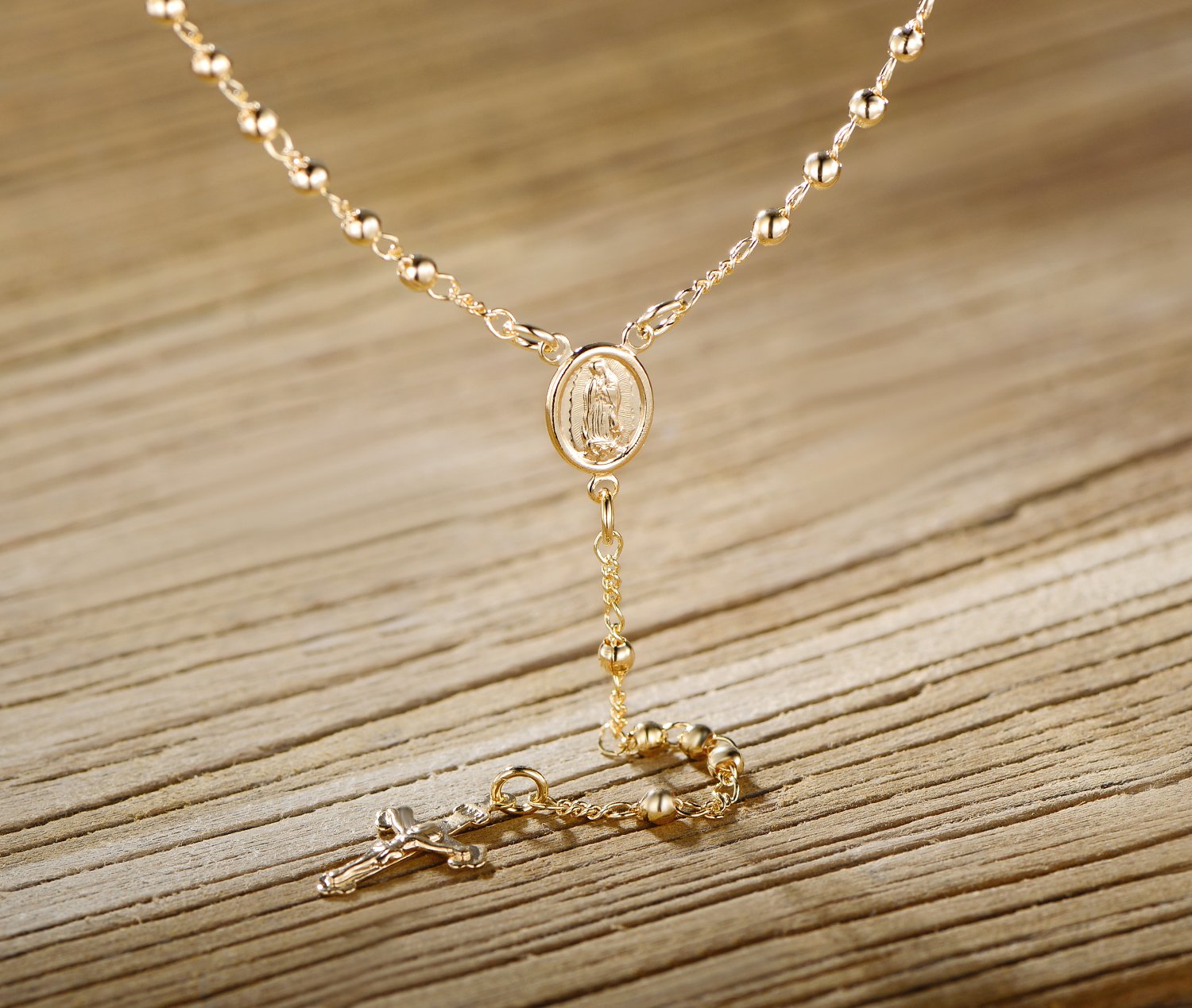 18K Gold Plated Virgin Mary Rosary Bead Cross Necklace