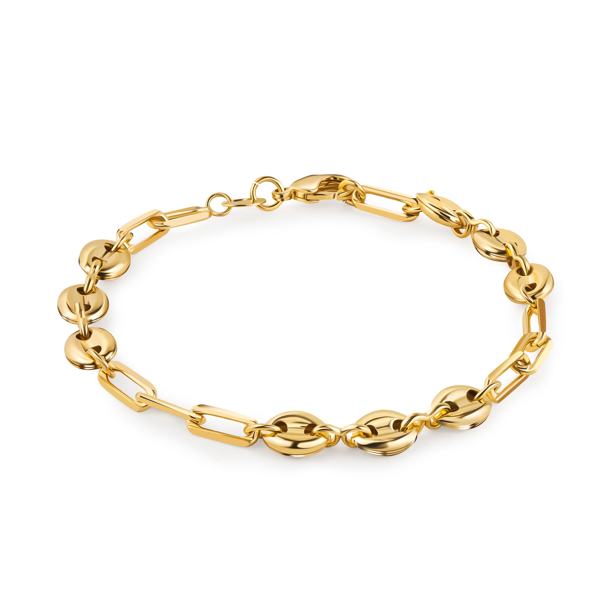 18K Gold Plated Mariner and Paperclip Link Bracelet, 7.5 Inches