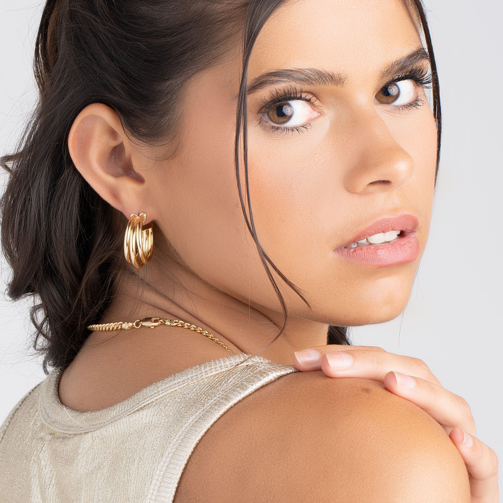 18K Gold Plated Three Layer Half Hoop Earrings