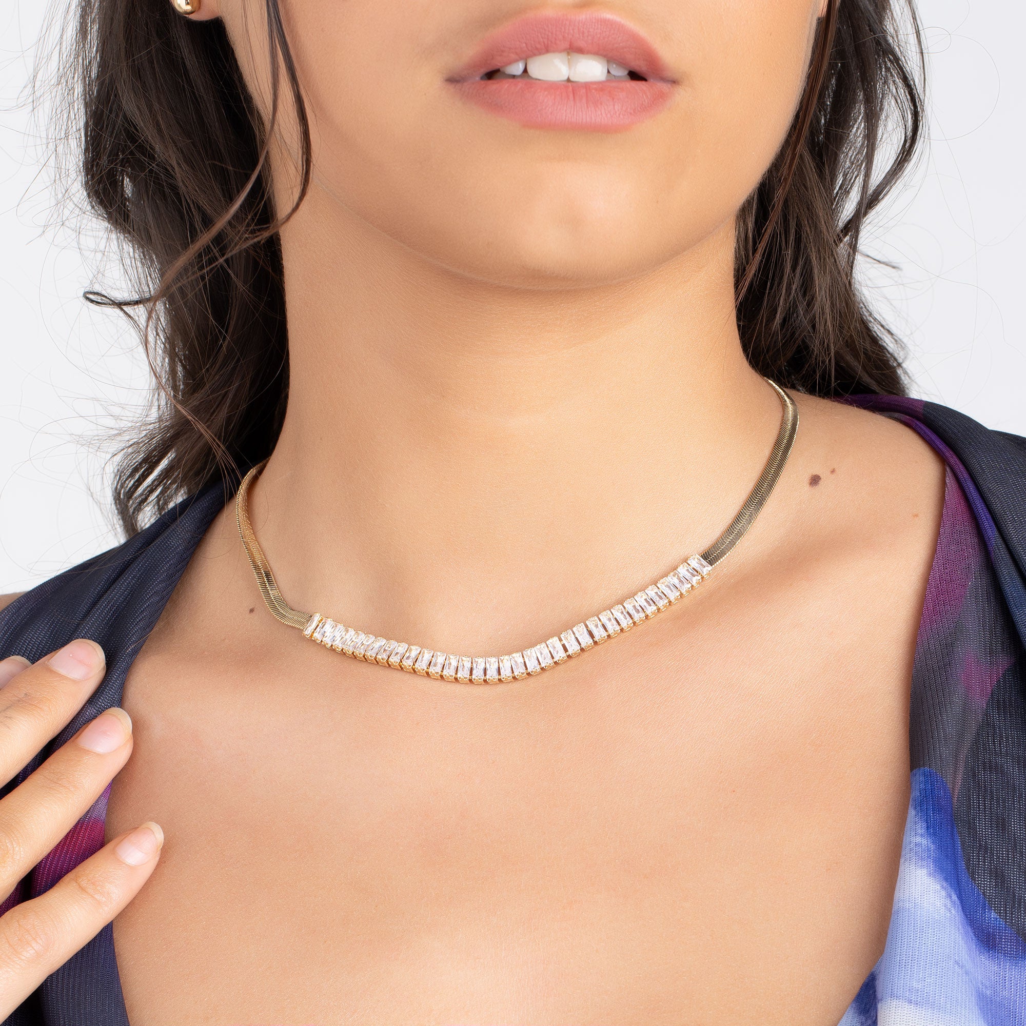 18K Gold Plated Crystal Herringbone Necklace