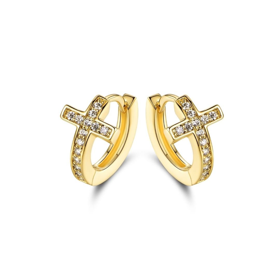 18K Gold Plated Cross Huggie Earrings