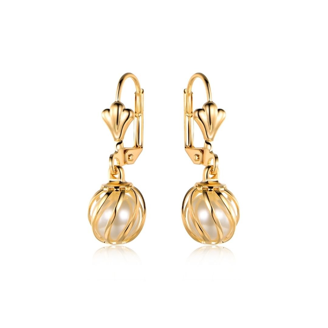 18K Gold Plated Drop Caged Pearl Earrings