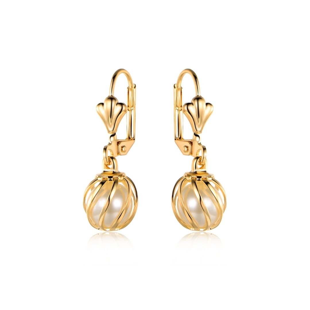 18K Gold Plated Drop Caged Pearl Earrings