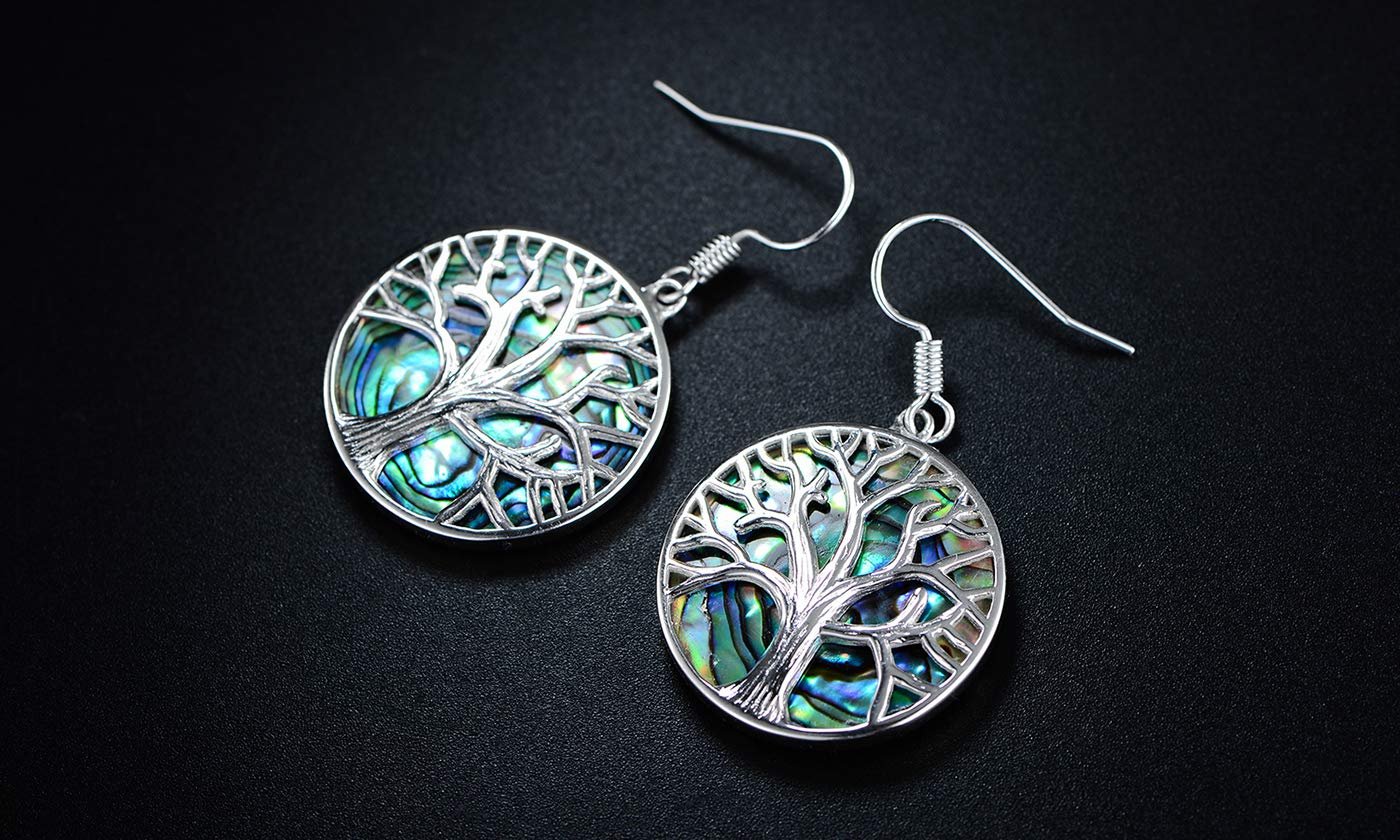 Midnight Abalone Tree of Life Drop Earrings