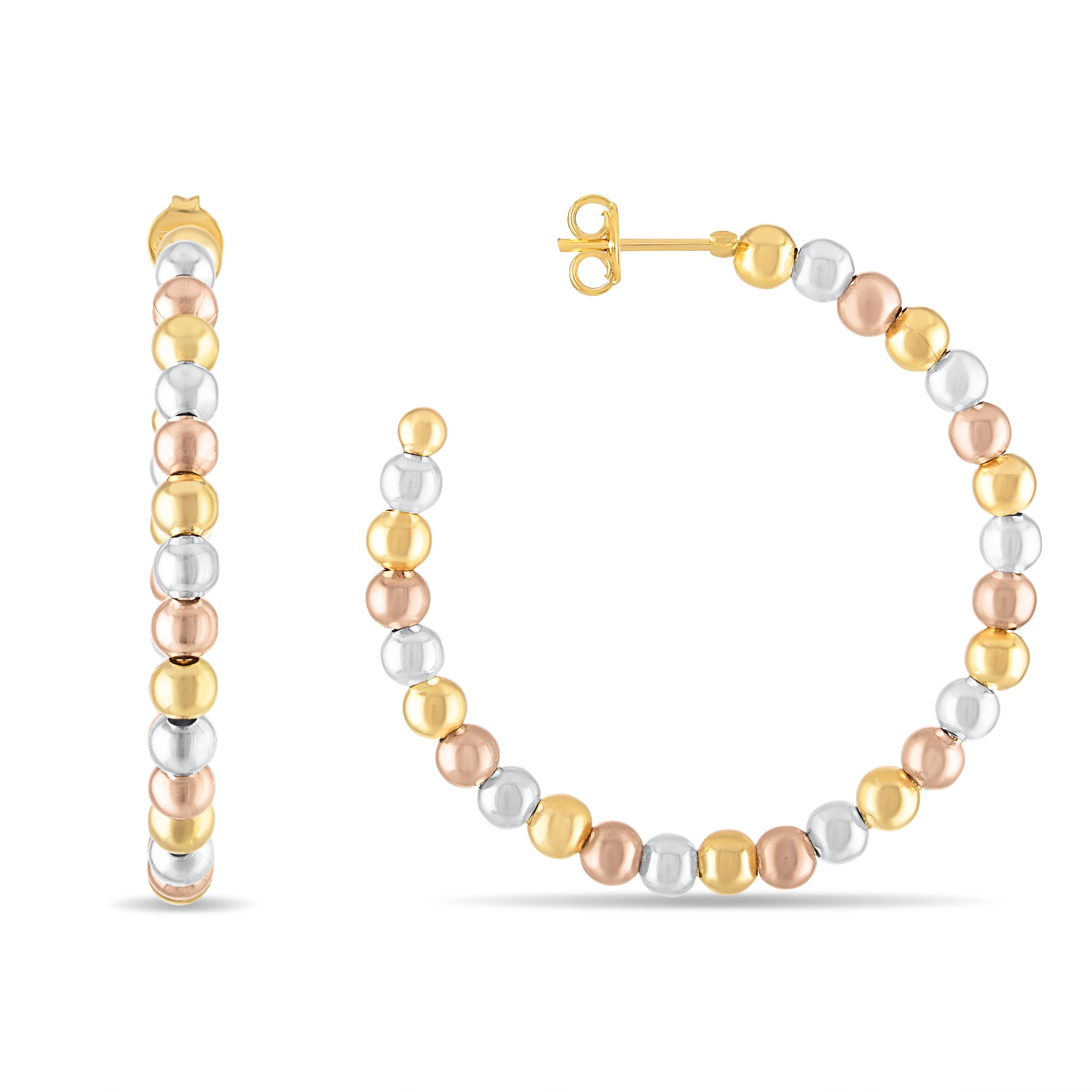 18k Gold Plated Tri-Tone Beaded Hoop Earring