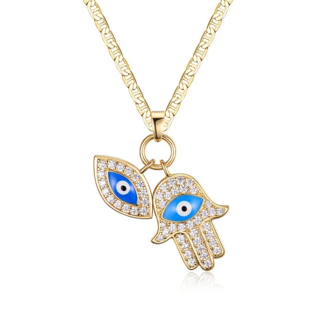 18K Gold Plated Crystal Evil Eye Hamsa Pendant Necklace