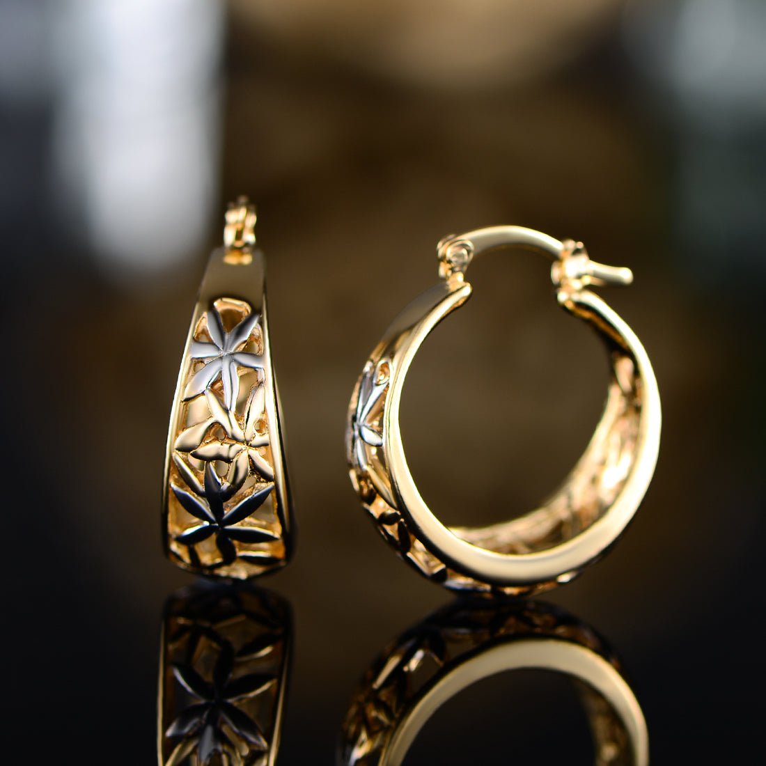 18K Gold Plated Thick Flower Hoop Earrings
