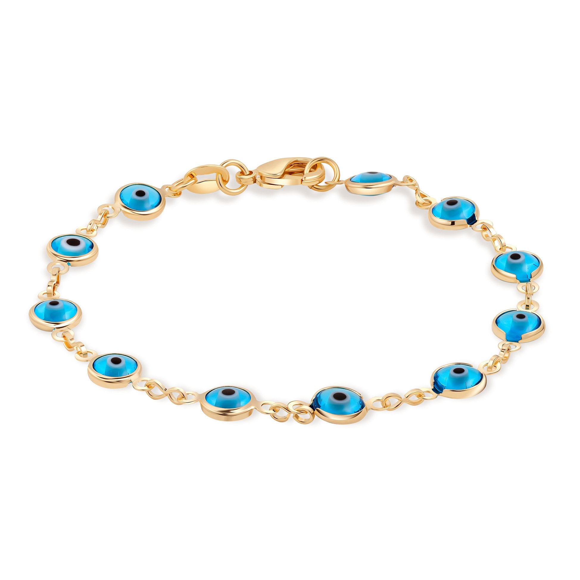 18k Gold Plated Aqua Marino Glass Evil Eye Bracelet