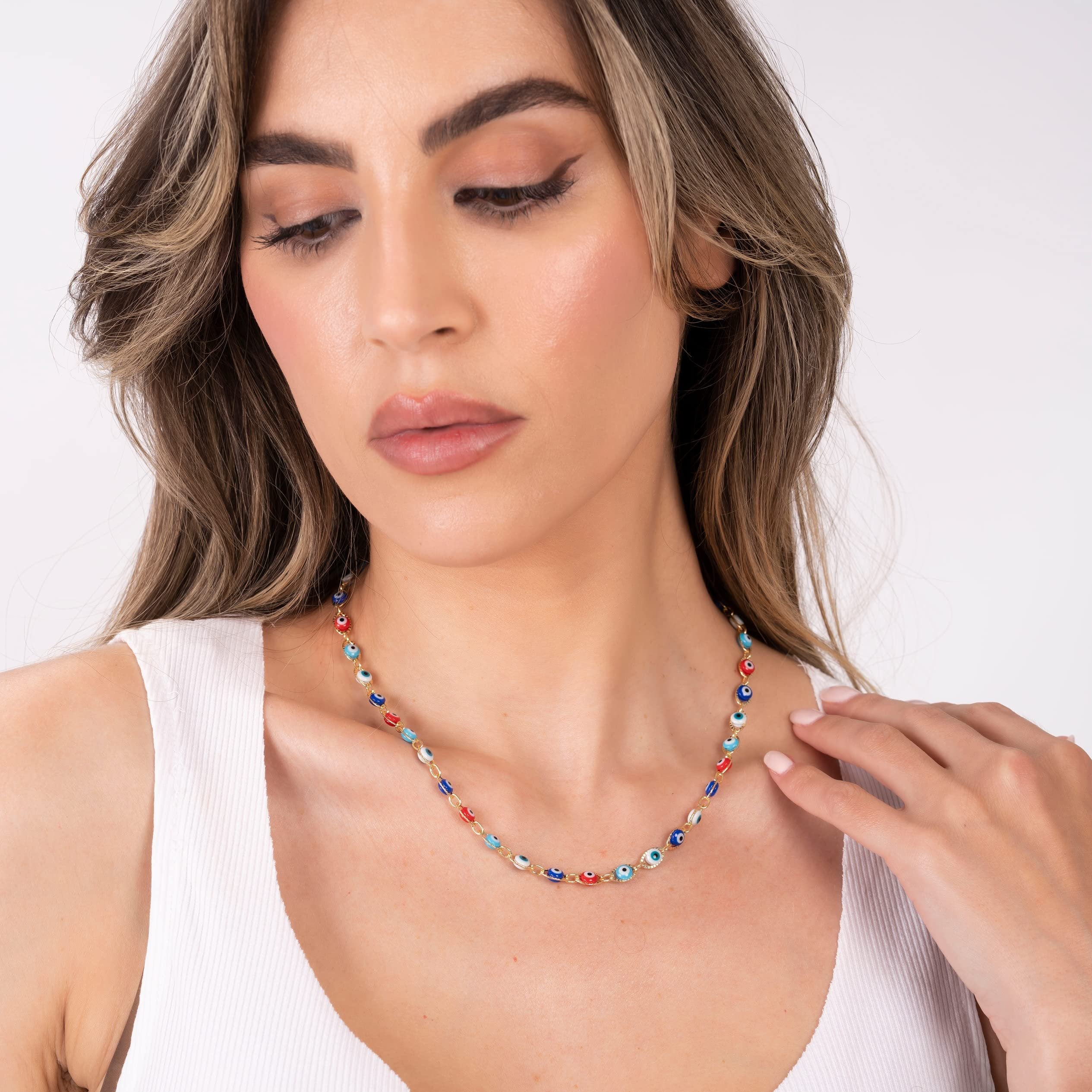 Barzel 18K Gold Plated Multicolor Evil Eye Necklace - Made In Brazil
