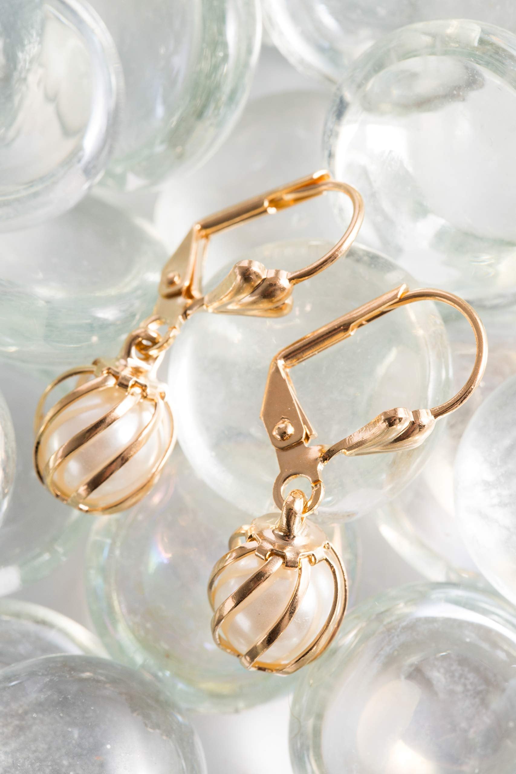18K Gold Plated Drop Caged Pearl Earrings