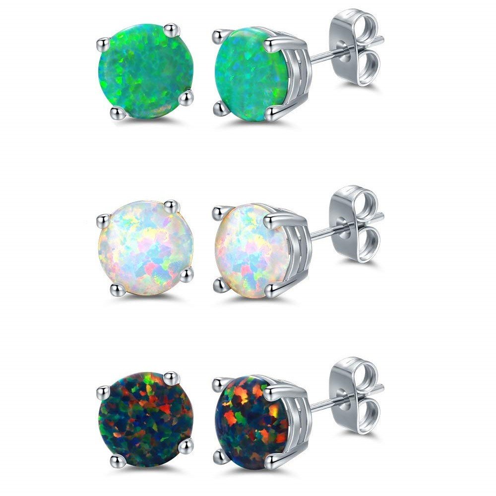 18K White Gold Plated Colorful Opal Studs - 3pc Set