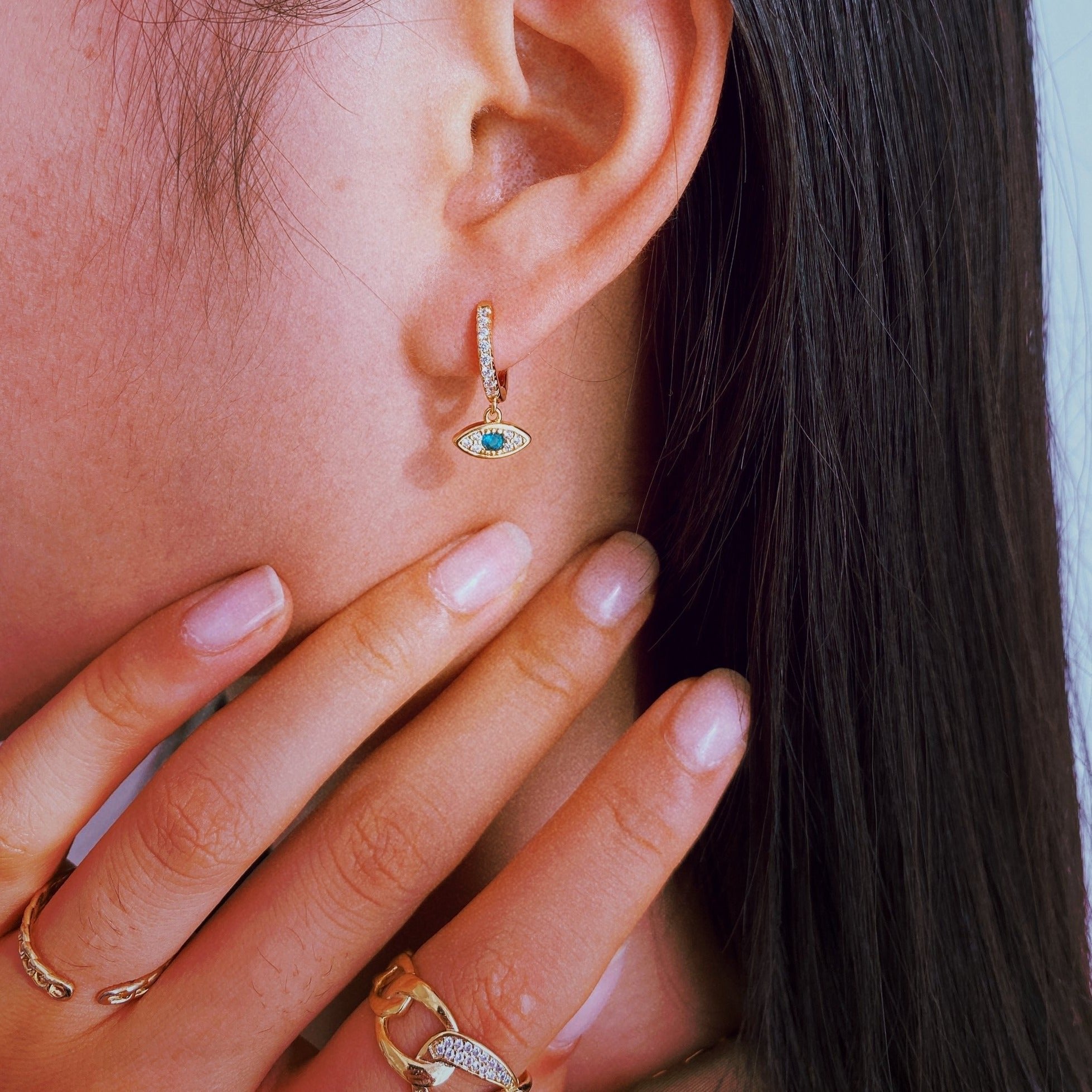 18K Gold Plated Evil Eye Crystal Huggie Earrings