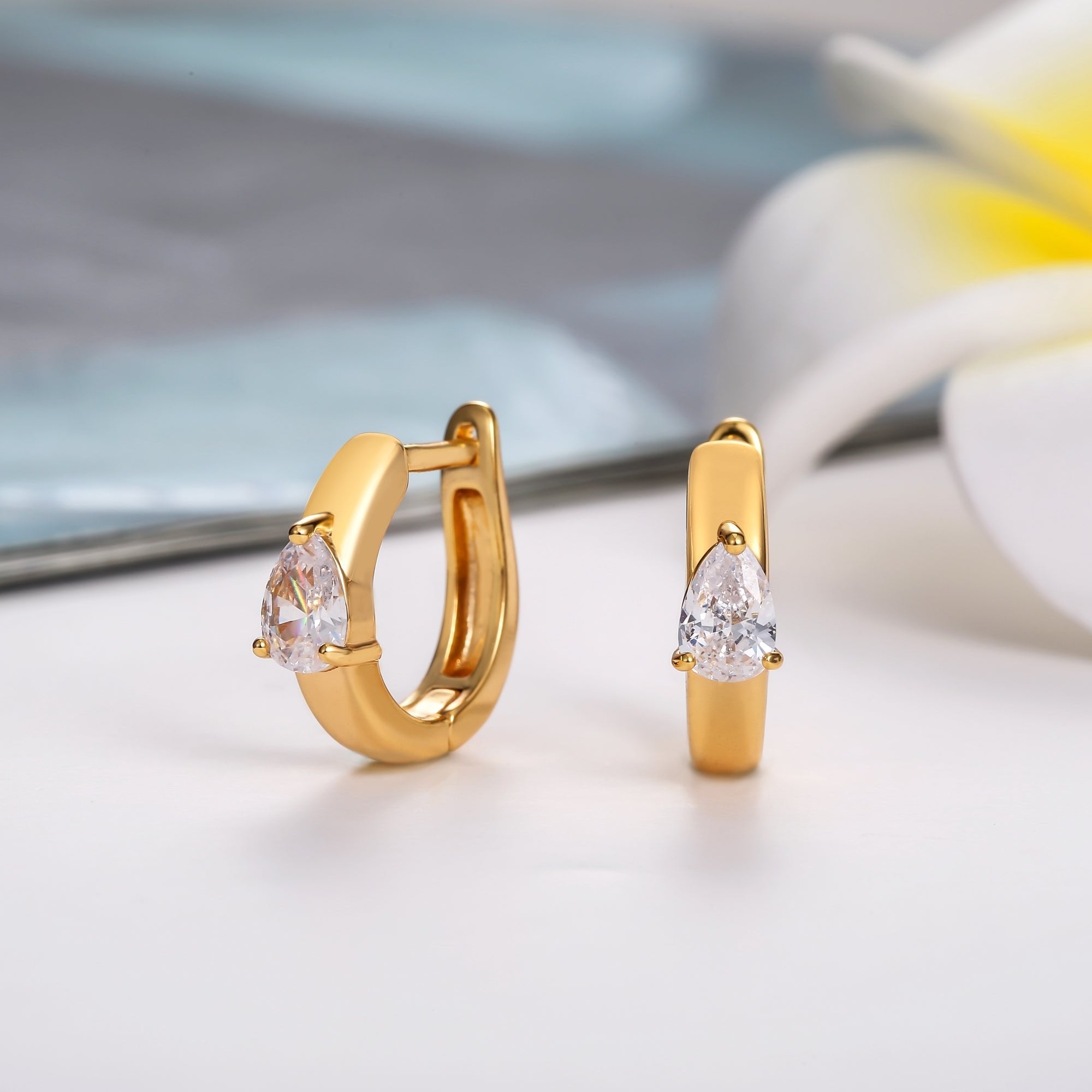 18K Gold Plated Teardrop Cut Crystal Huggie Earrings