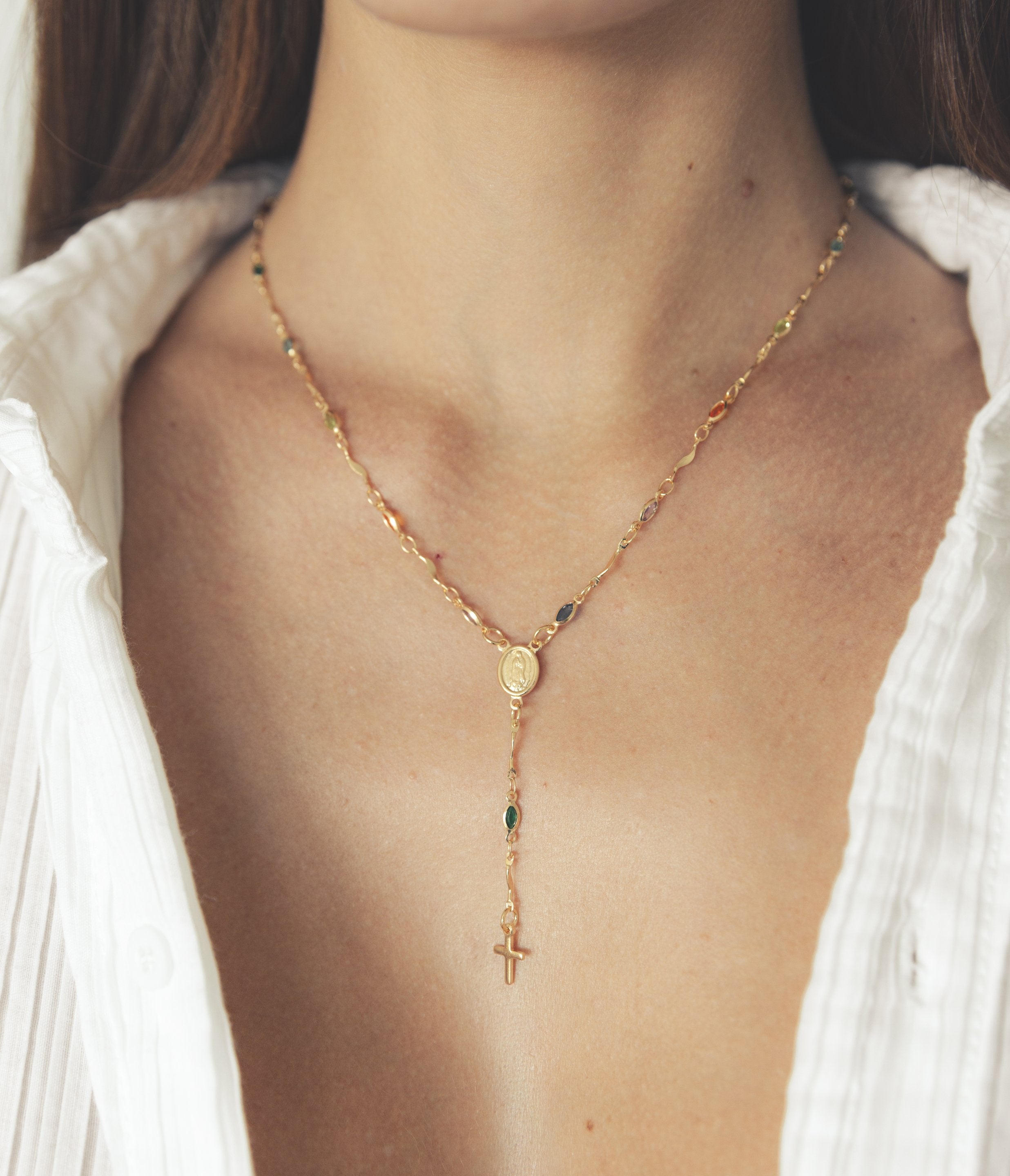 Barzel 18K Gold Plated Multicolor Virgin Mary Necklace - Made In Brazil