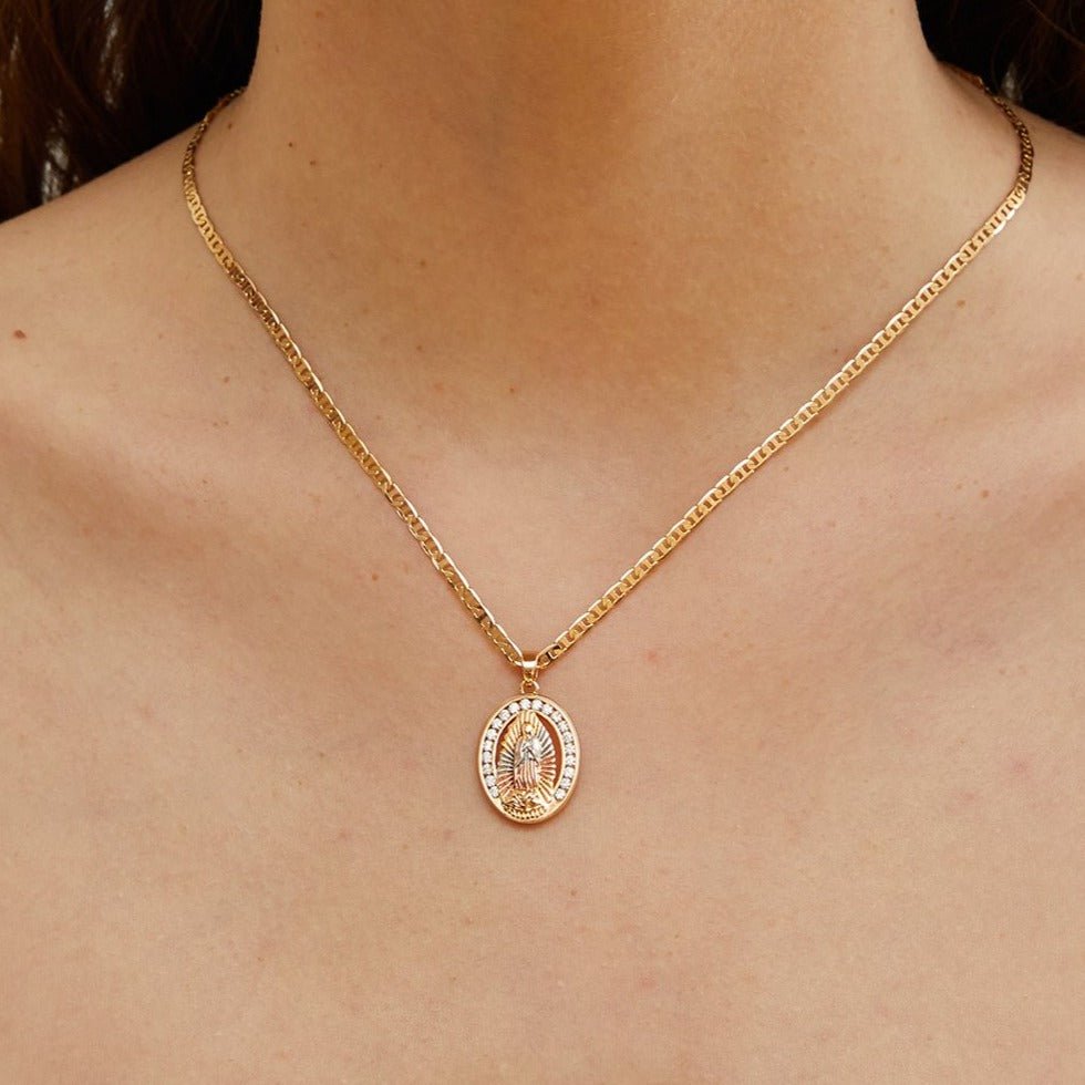 18K Gold Plated Three-Tone Crystal Mother Mary Pendant Necklace