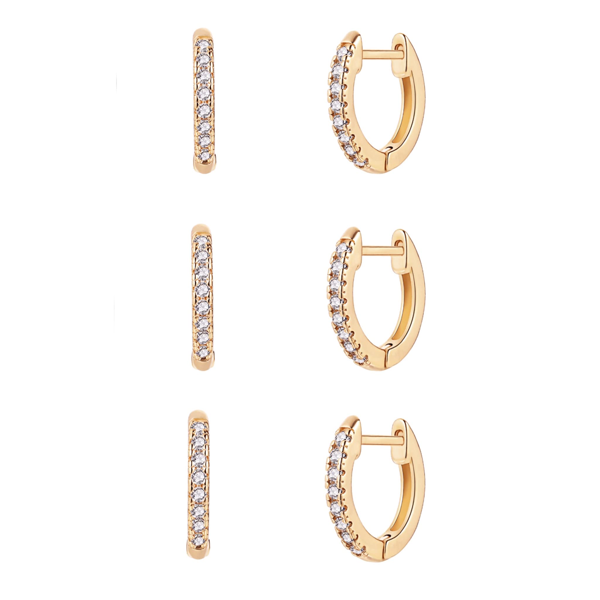 18K Gold Plated 3 Pack Cubic Zirconia Huggie Cuff Earrings