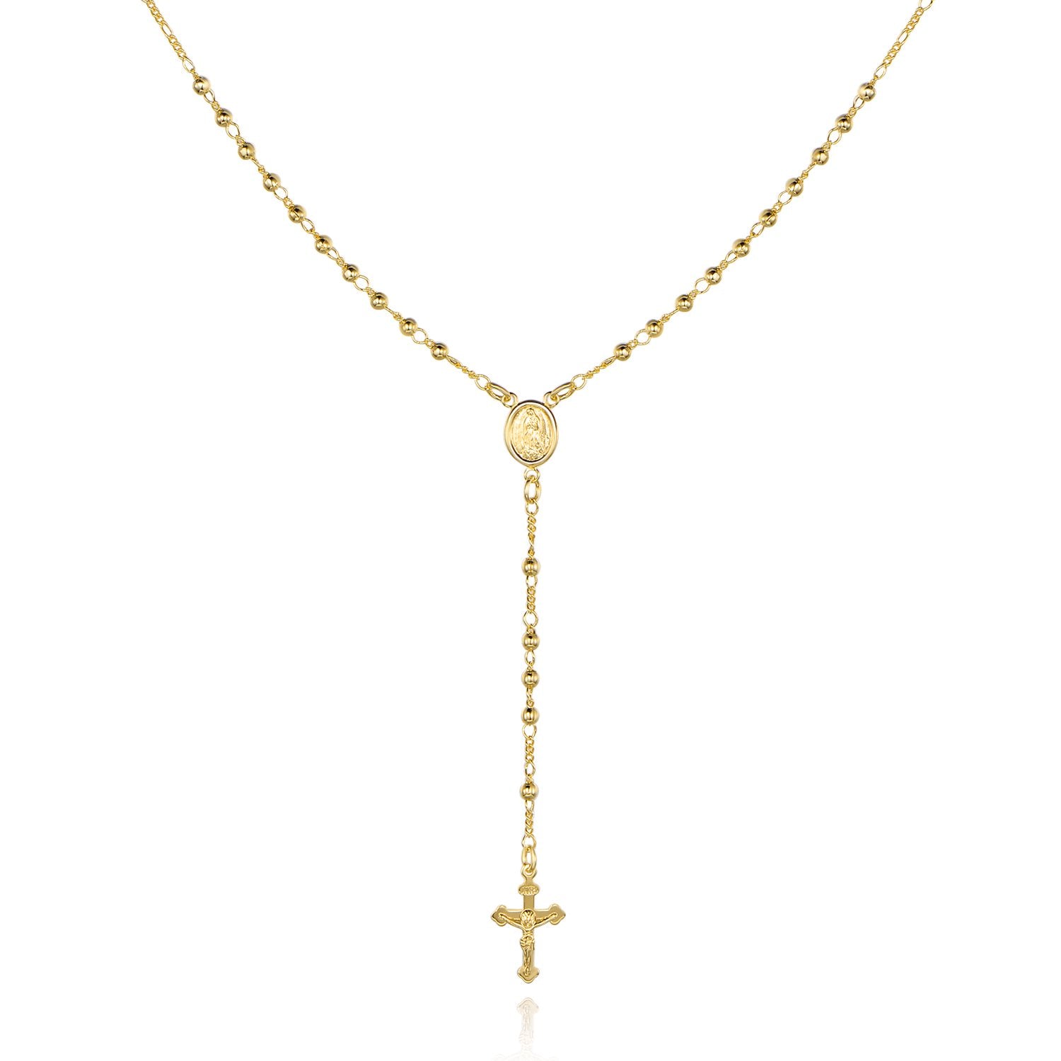18K Gold Plated Virgin Mary Rosary Bead Cross Necklace