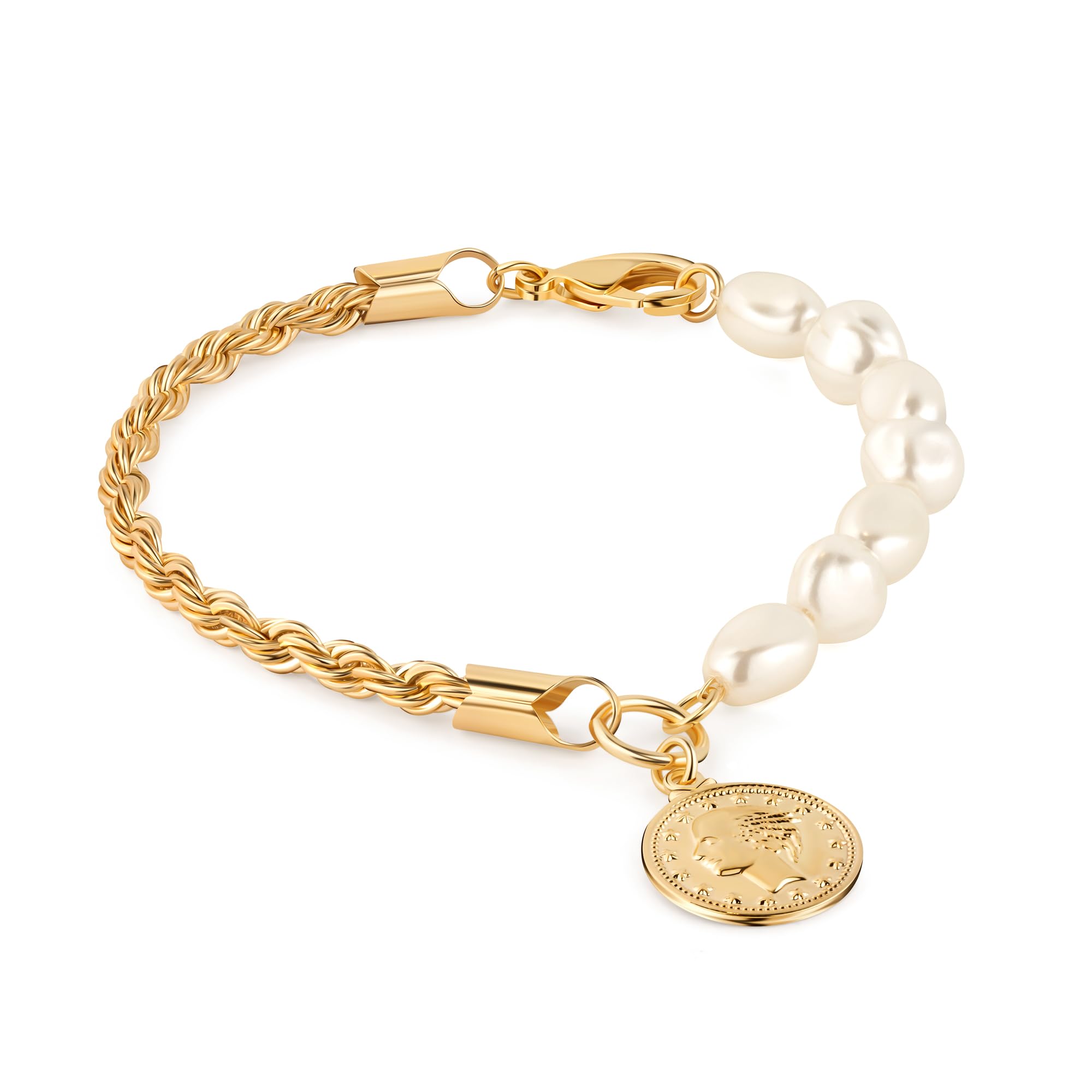 18K Gold Plated Rope & Pearl Bracelet with Coin Charm - 7.5 Inches