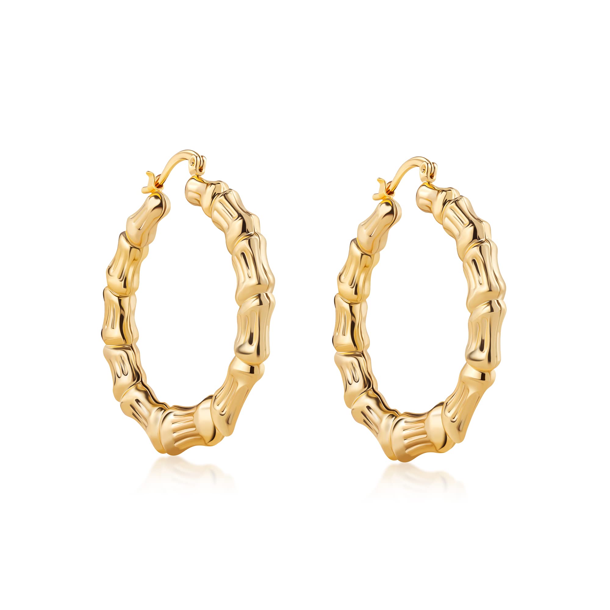 18K Gold Layered Chunk Bamboo Hoop Earrings Wholesale Jewelry Supplies 45mm