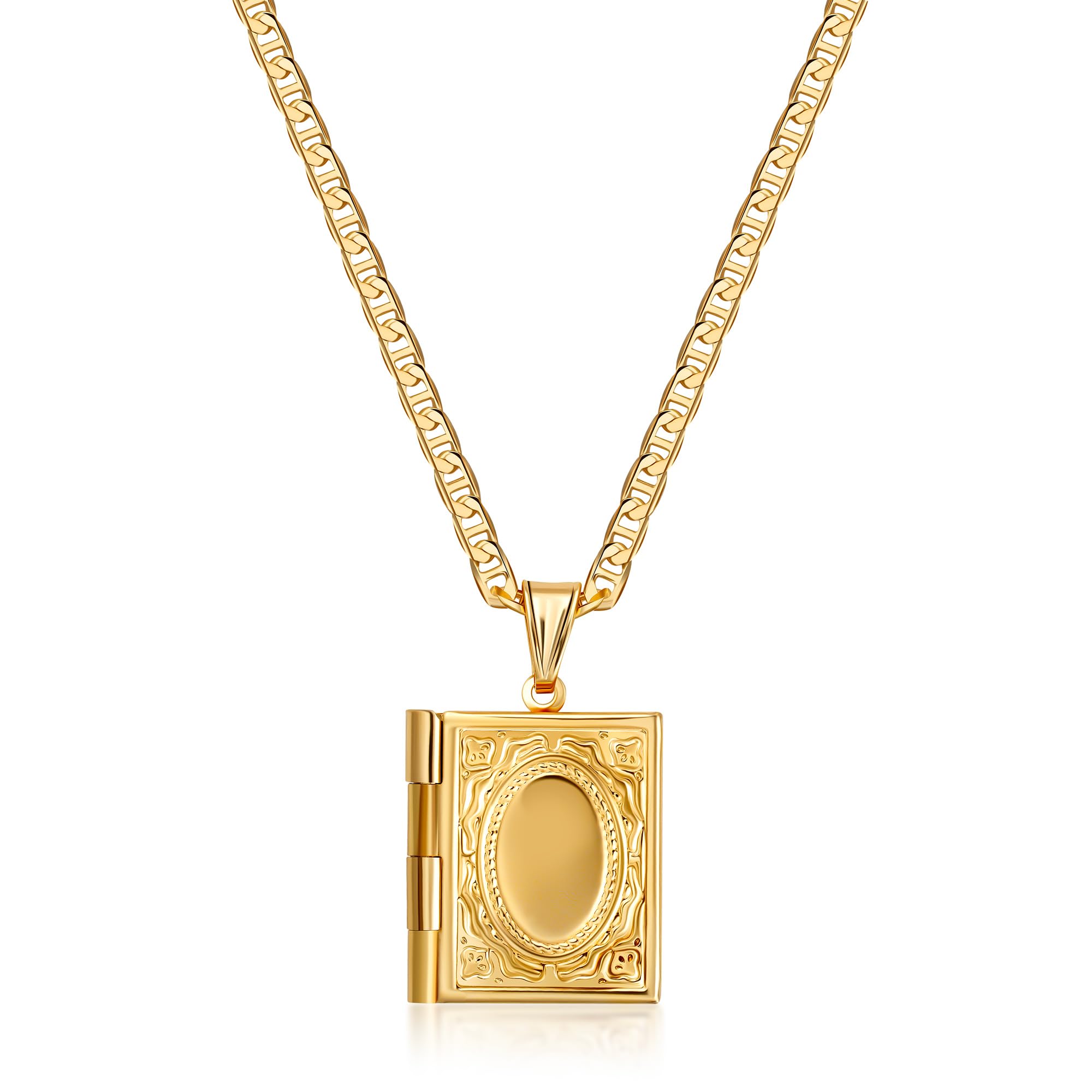 18K Gold Plated Photo Book Locket Necklace with Mariner Chain