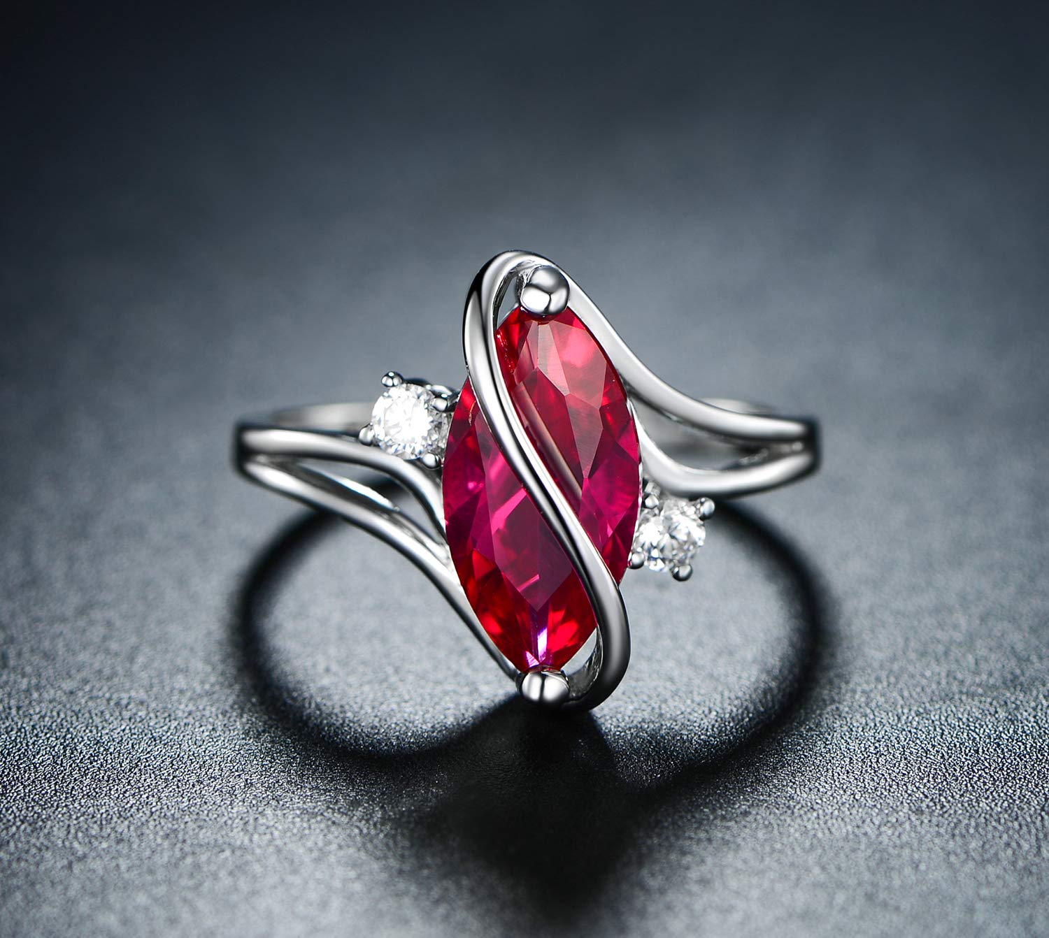 18K White Gold Plated Oval Ruby S Ring with Cubic Zirconia Accents