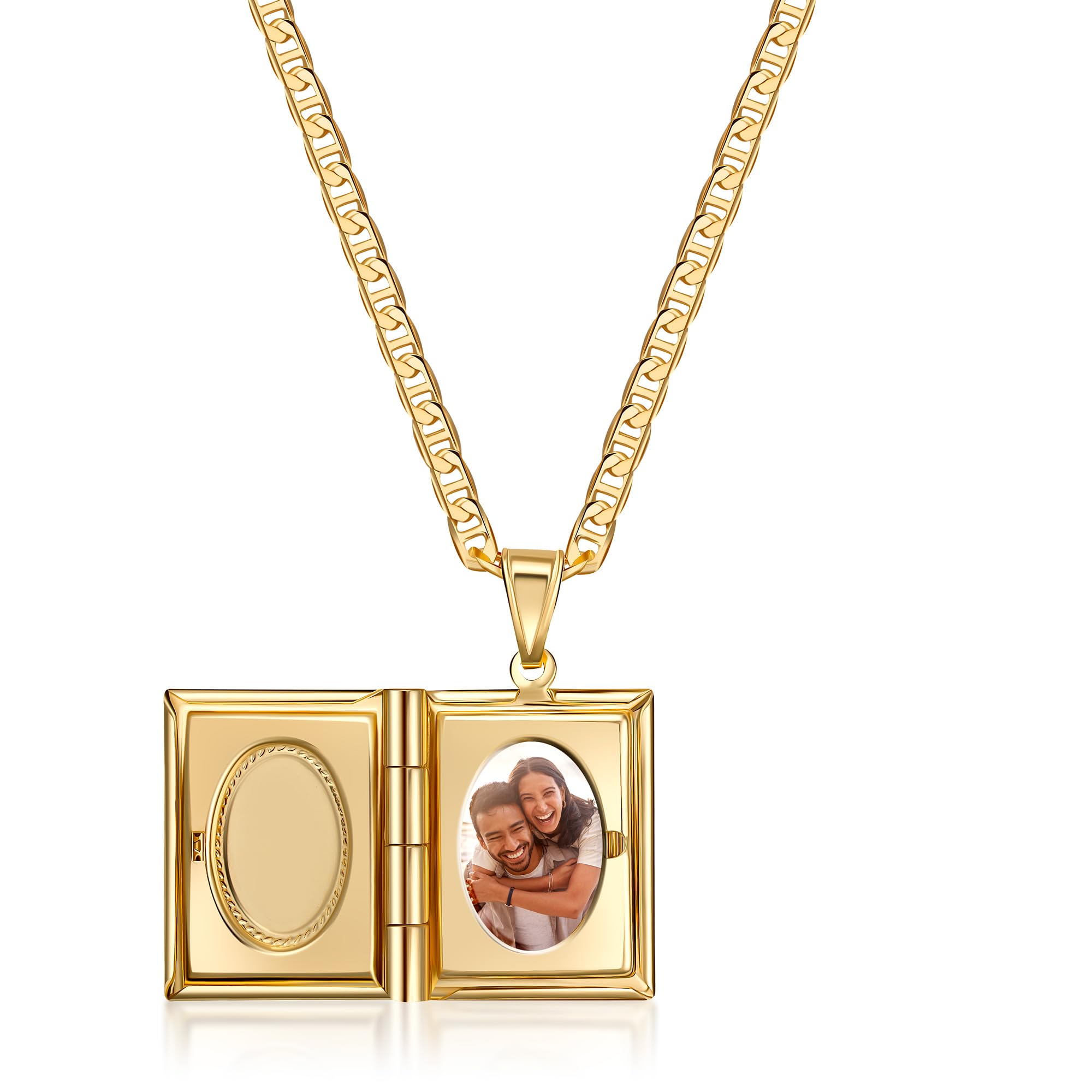 18K Gold Plated Photo Book Locket Necklace with Mariner Chain