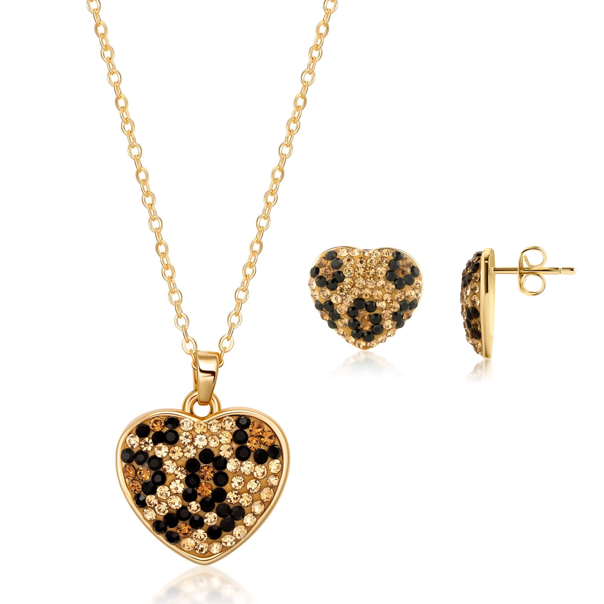 18K Gold Plated Leopard Heart Earring & Necklace Set with Austrian Crystals 18 Inches with 2 Inch Extension