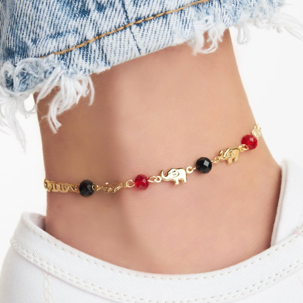18K Gold Plated Elephant Anklet with Red & Black Crystals