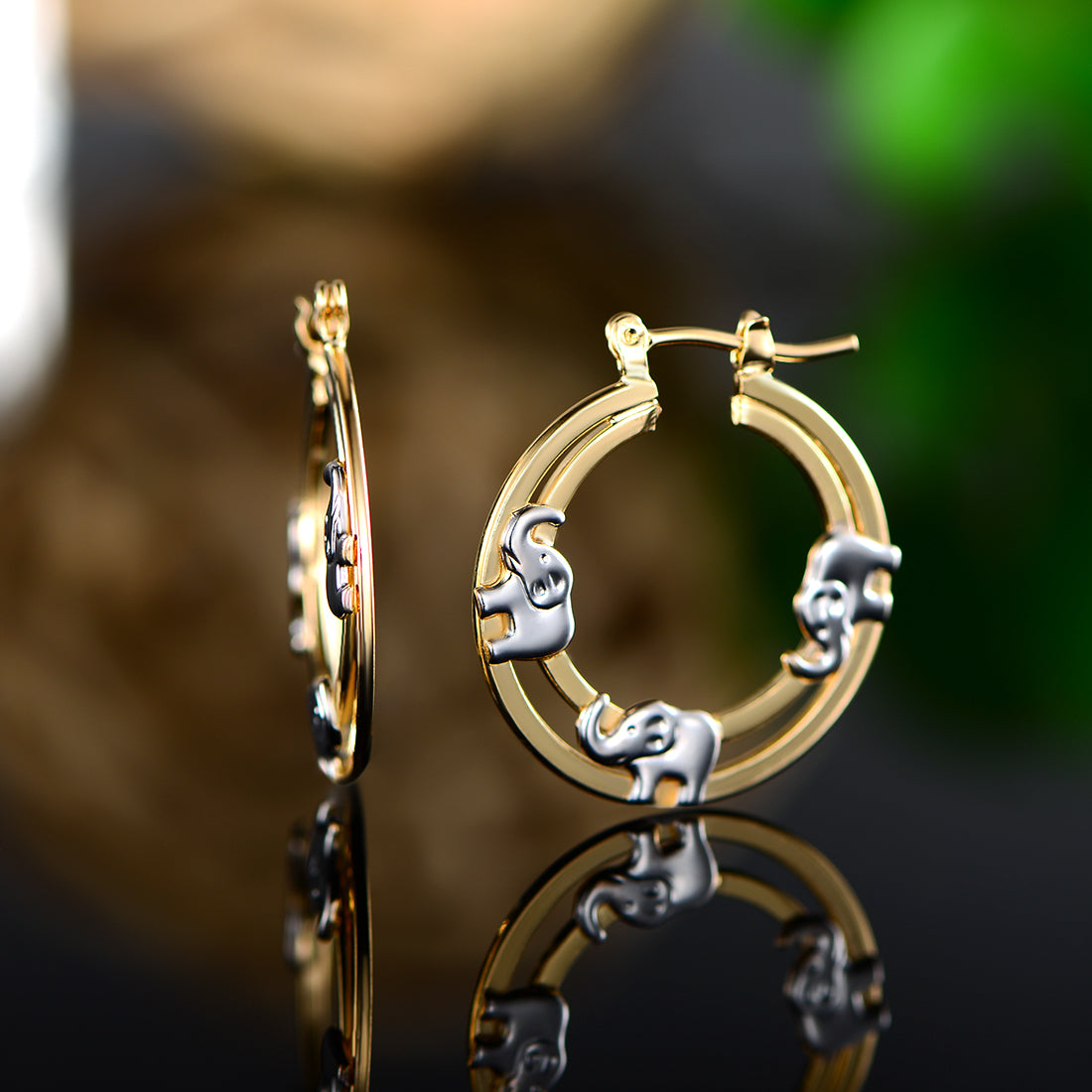 18K Gold Plated Two Tone Elephant Hoop Earrings