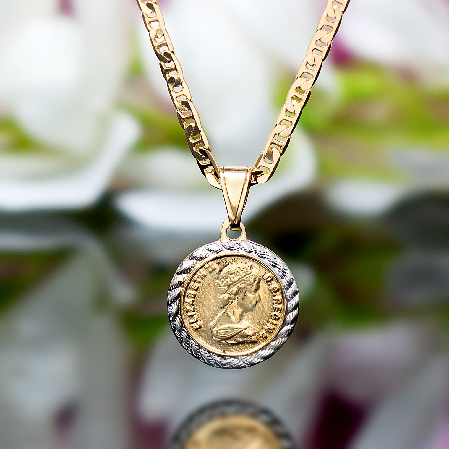 18K Gold Plated 2 Tone Coin Pendant Necklace