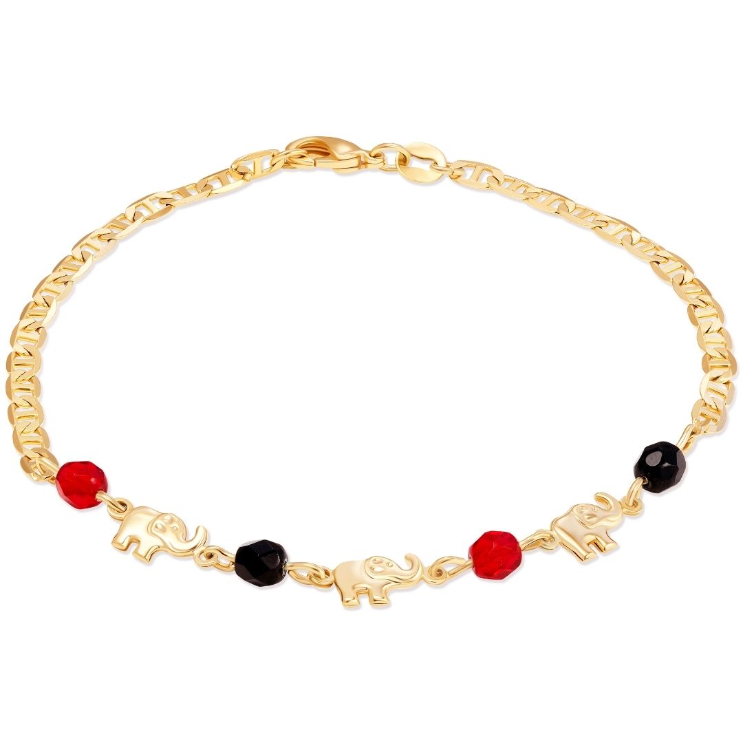 18K Gold Plated Elephant Anklet with Red & Black Crystals