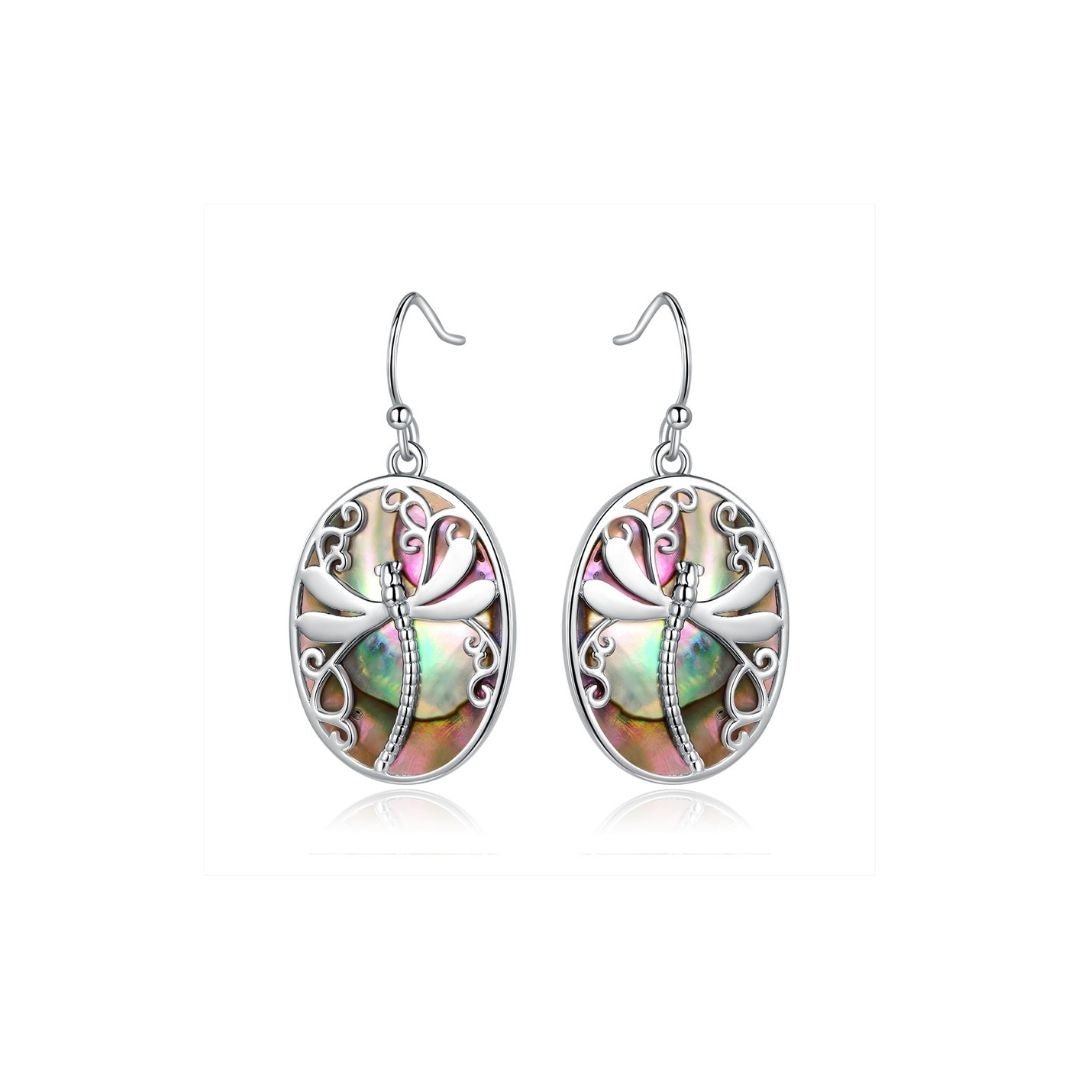 18K White Gold Plated Abalone Dragonfly Earrings