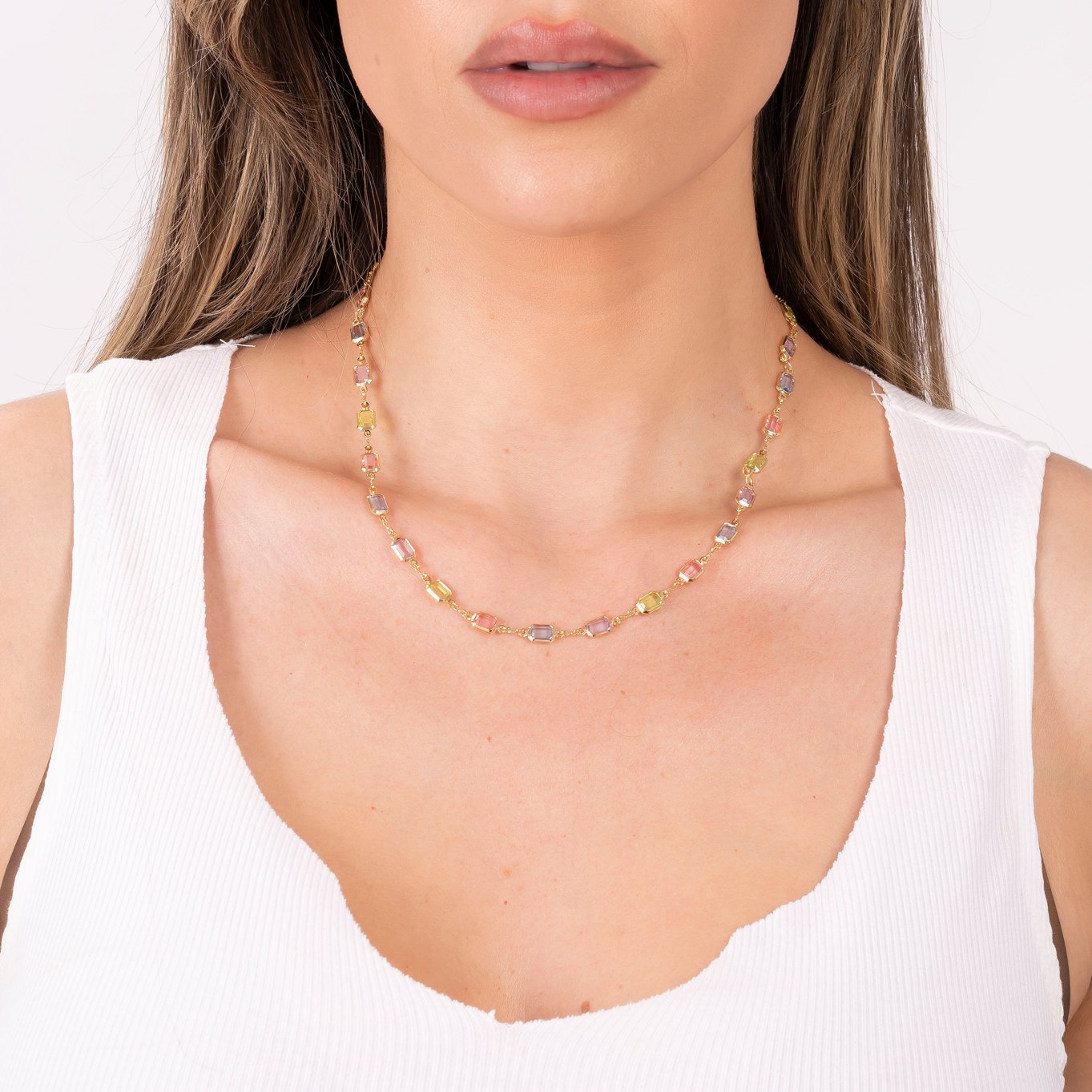 18k gold Plated Multi-Color Baguette-Cut Crystal Necklace