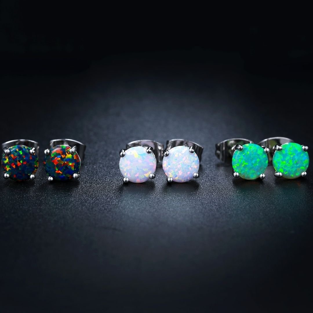 18K White Gold Plated Colorful Opal Studs - 3pc Set