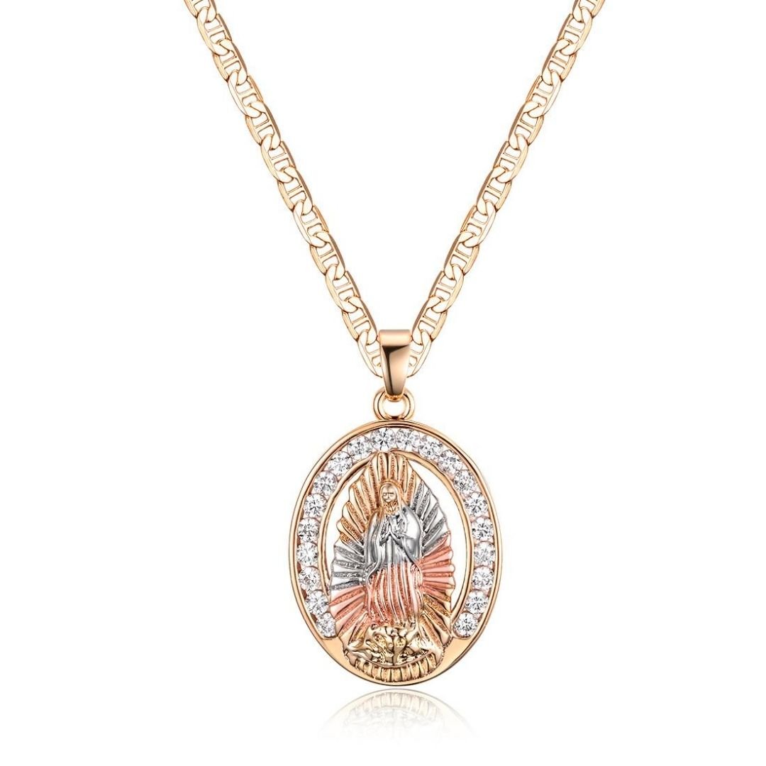18K Gold Plated Three-Tone Crystal Mother Mary Pendant Necklace