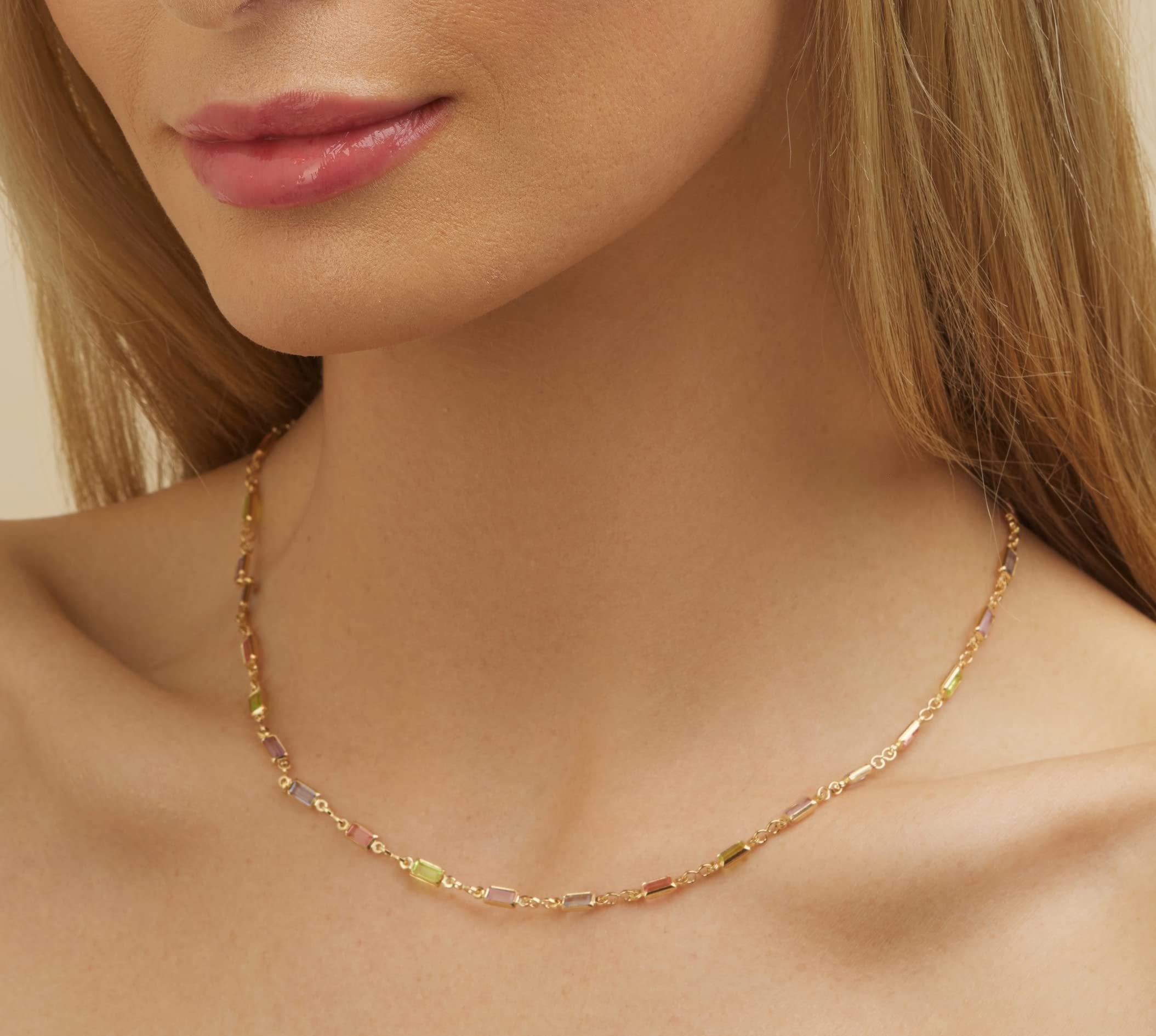 Barzel 18K Gold Plated Multi Stone Crystal Baguette Necklace for Women -  Made In Brazil