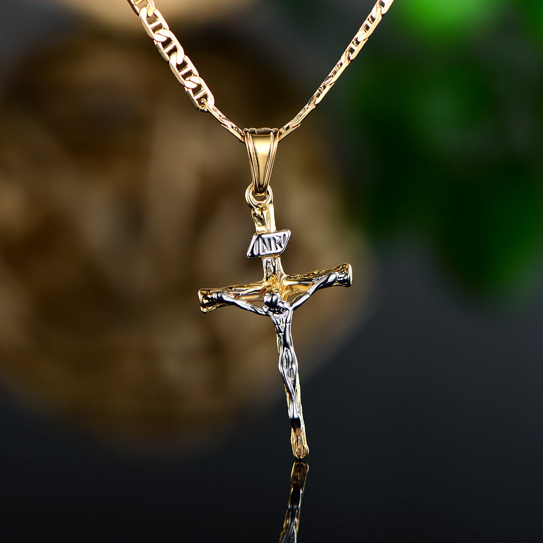 18K Gold Plated Two-Tone Cross Pendant Necklace