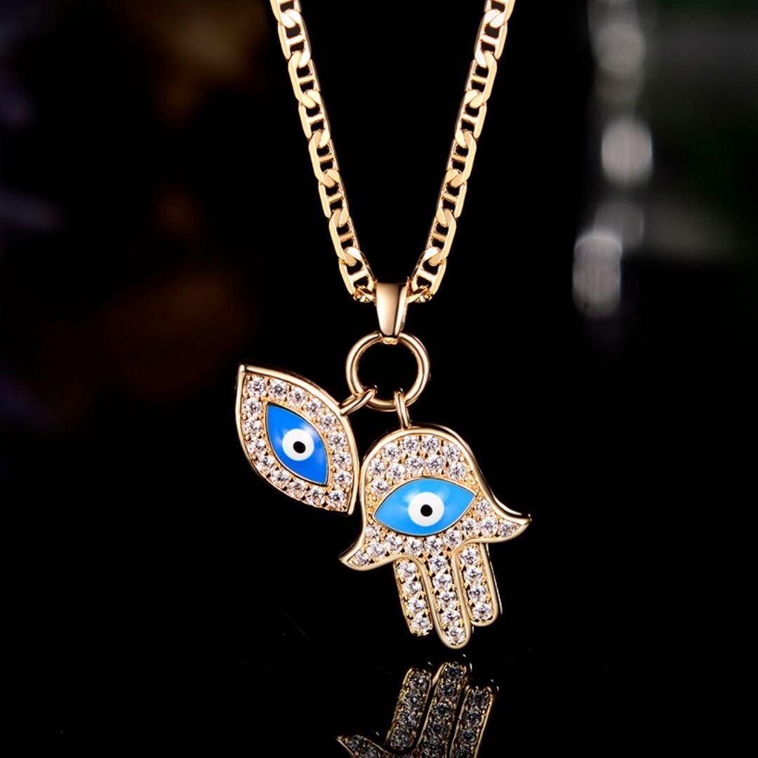 18K Gold Plated Crystal Evil Eye Hamsa Pendant Necklace