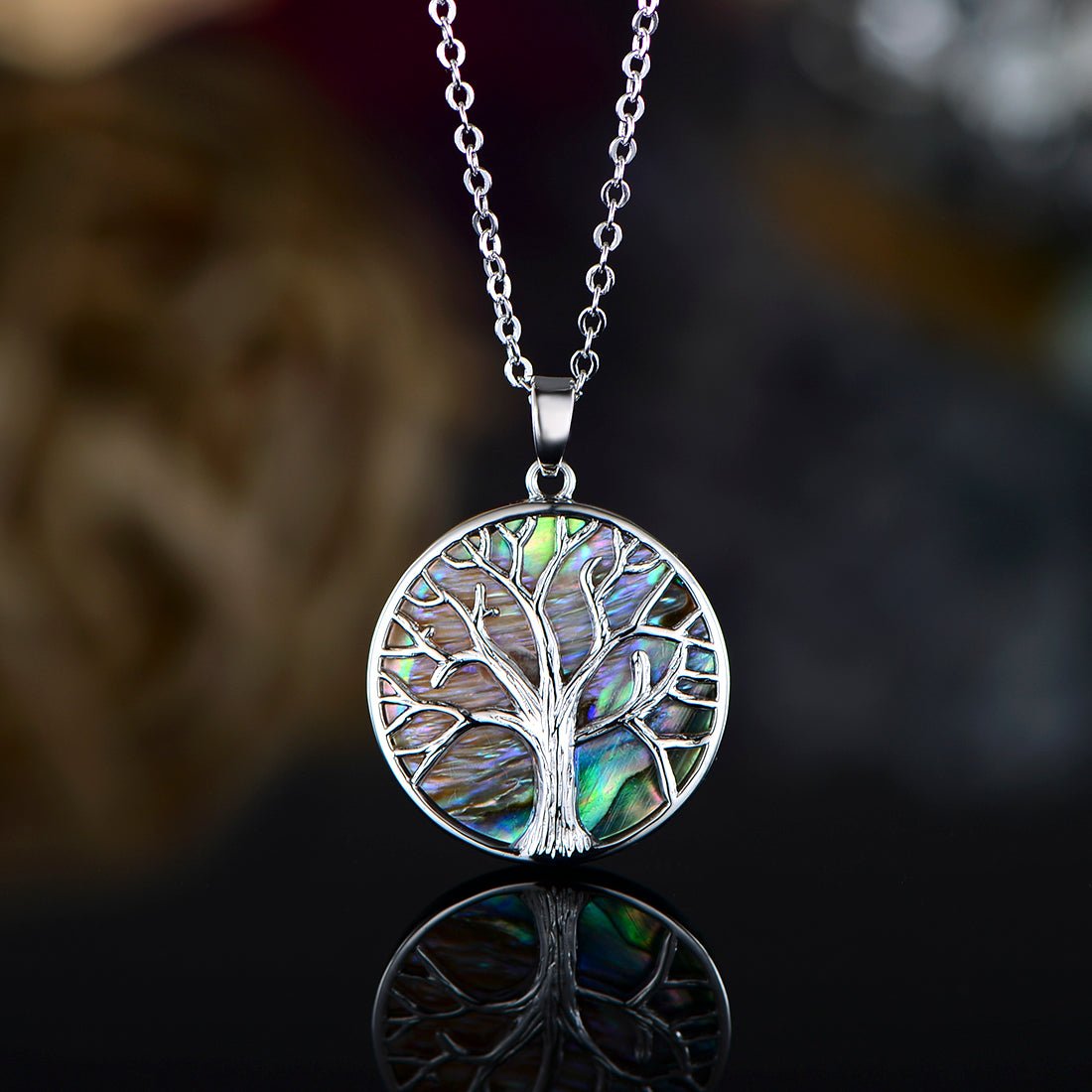 18K White Gold Plated Abalone Tree of Life Necklace